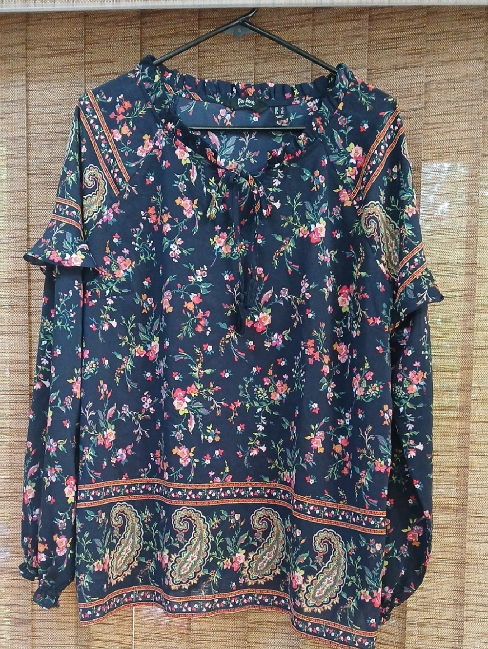 Du Jour Navy Floral Paisley-Trim Peasant Blouse